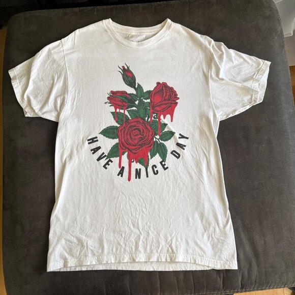 Eight Brand White T-Shirt With Rose Graphic "Have A Nice Day" Print Large - Picture 1 of 5